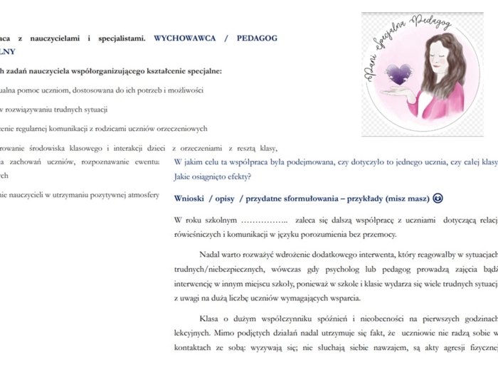 Sprawozdanie. pedagog specjalny. Wychowawca.