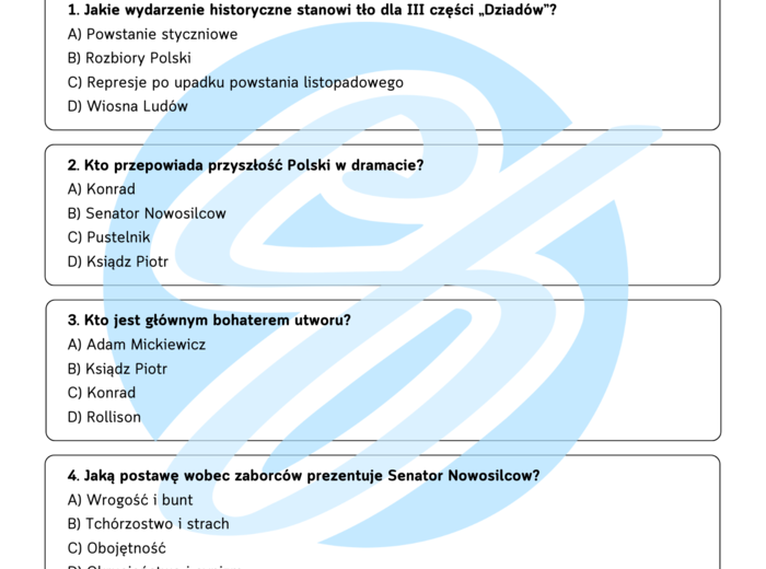 Test z lektury „Dziady cz.. III” | Adam Mickiewicz| Szkoła średnia | 15 pytań ABCD + Klucz + Skala ocen