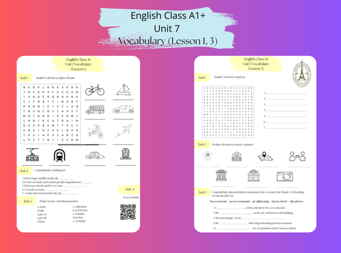 English Class A1+, Unit 7 (Lesson 1 & Lesson 3) - Słownictwo MEANS OF TRANSPORT & HOLIDAY ACTIVITIES