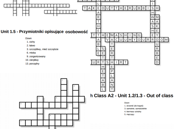 English Class A2 – Unit 1 – krzyżówki – Prace domowe/Out of class/Przymiotniki opisujące osobowość
