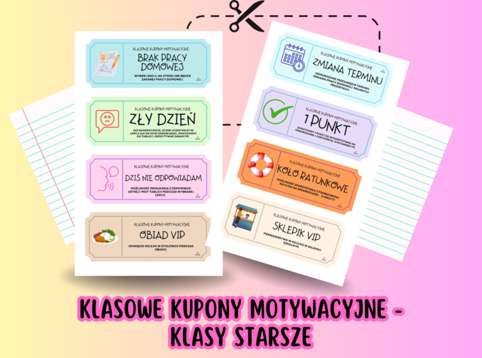 Bilety, vouchery, nagrody klasowe (klasy starsze) – gotowe do wydruku!