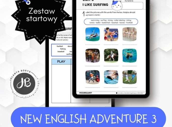 New English Adventure 3 - Unit 8 I like surfing - 2 karty pracy