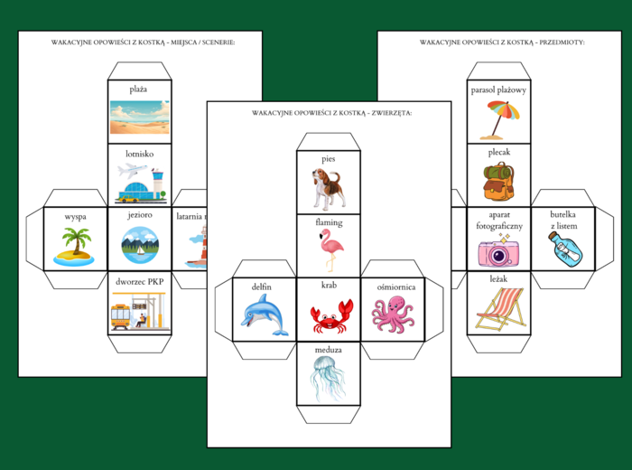 WAKACYJNE OPOWIEŚCI Z KOSTKĄ - ćwiczenia redakcyjne - 11 szt. - wakacje - lato - opowiadanie