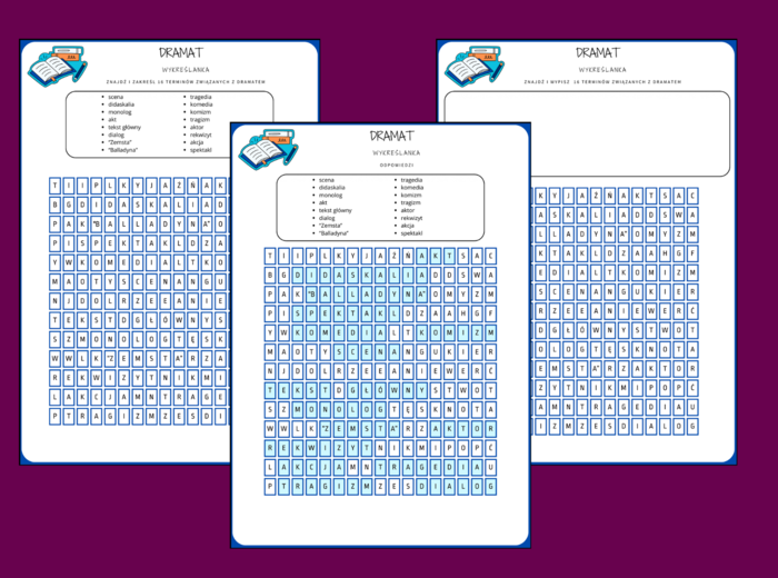 DRAMAT - rodzaje literackie - wykreślanka - karta pracy - powtórka - egzamin