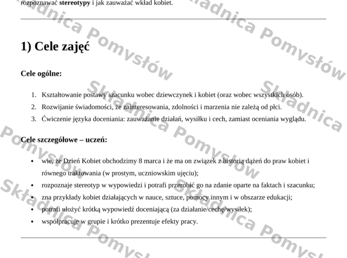 DZIEŃ KOBIET – scenariusz zajęć - klasy 4–6; edytowalny; lekcja wychowawcza; godzina wychowawcza