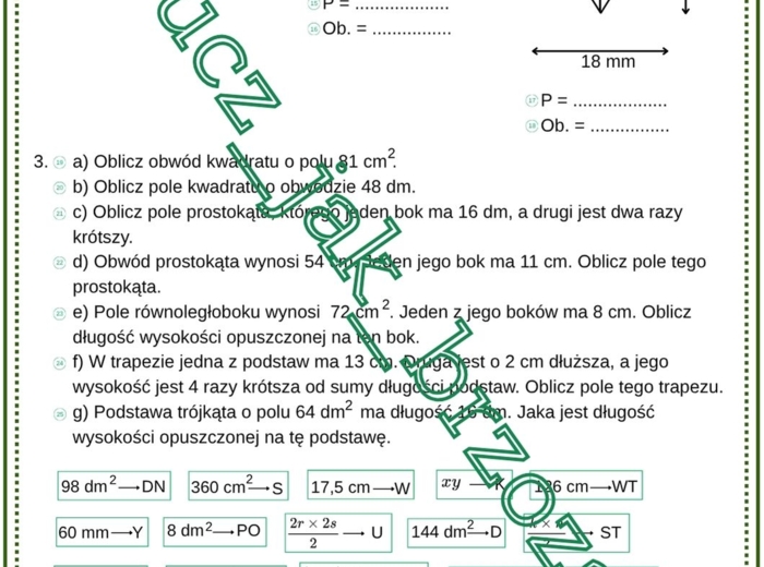Pola i obwody figur, karta pracy z hasłem, klasa 5, praca w klasie, edukacja domowa