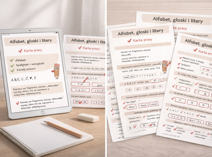 ALFABET, GŁOSKI I LITERY [Karta pracy, sprawdzian]