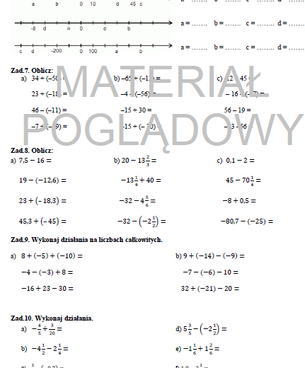 Kartka pracy - liczby wymierne (dodatnie i ujemne)