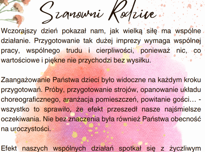 Rodzice - podziękowania, list gratulacyjny, impreza szkolna
