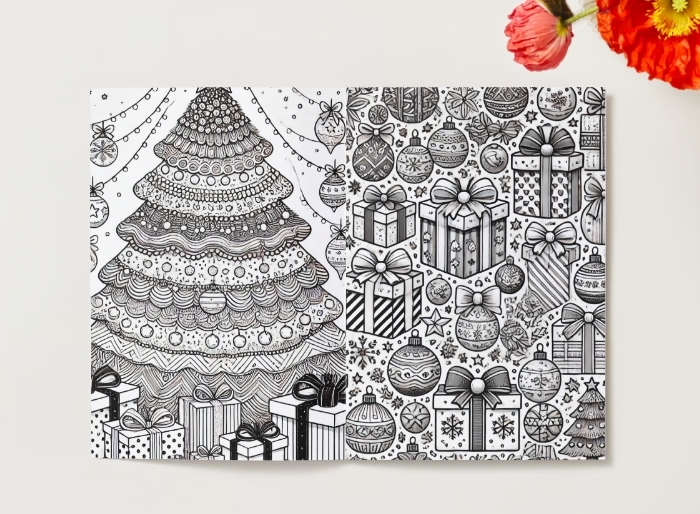 Kolorowanki świąteczne. Pudełka na prezenty. Bałwanek z prezentami. Mikołaj. Choinka. Świąteczny wzór.