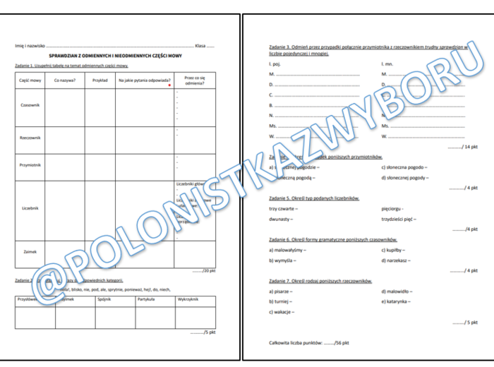 Sprawdzian z odmiennych i nieodmiennych części mowy klasa 6-7 SP + odpowiedzi