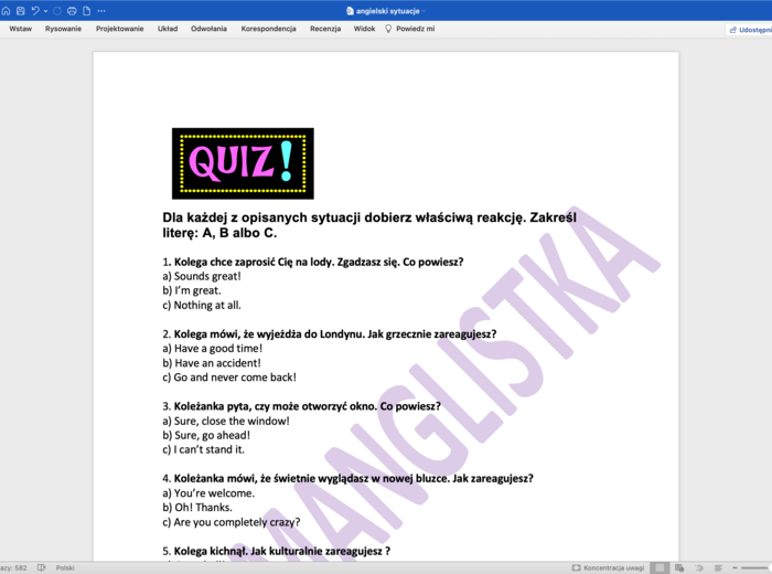 Dobieranie reakcji do sytuacji + klucz - egzamin ósmoklasisty z j. angielskiego