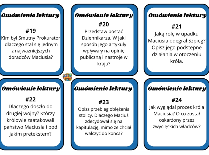 Król Maciuś Pierwszy - karty z pytaniami