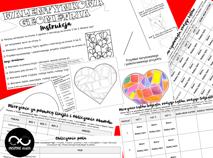 Matematyczne Walentynki. Geometryczny Math & Art Projekt. Trójkąty i czworokąty (rodzaje, pola, obwody, kąty).
