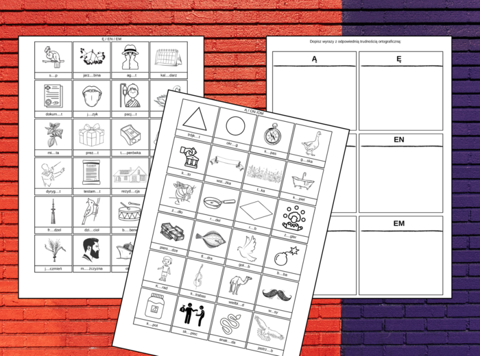 Wyrazy z Ą, Ę, ON, OM, EN, EM - ortografia – wklejka – karta pracy