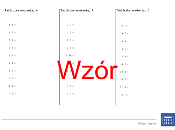 Tabliczka mnożenia | matematyka | 26 kolumn