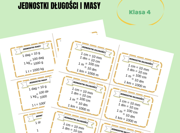 Jednostki długości i jednostki masy, wklejka do zeszytu