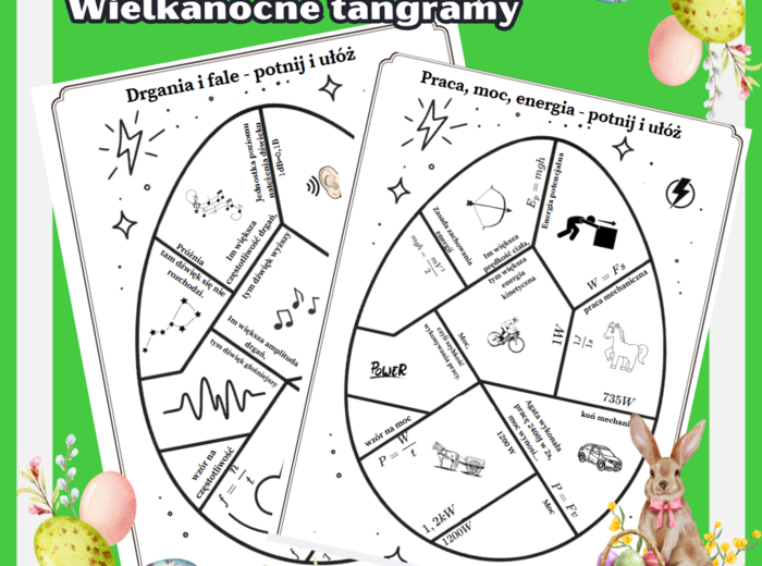 Tangram. Kolorowanka. Fizyka. Drgania i fale. Praca, moc, energia. Mrs_Physics. Fizunia
