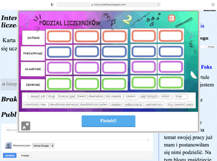 Interaktywna karta dotycząca podziału liczebników