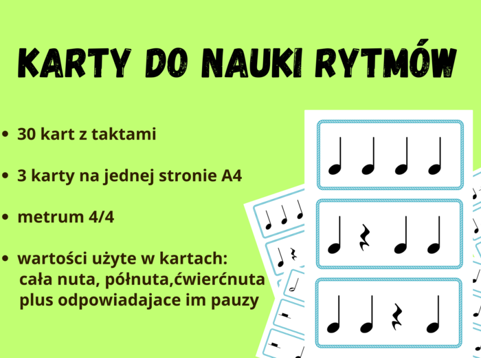 Muzyka. Karty do nauki wartości rytmicznych i ćwiczeń praktycznych. Metrum 4/4.