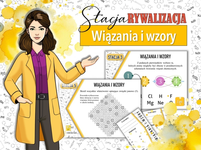Klasa 7. Chemia. Jak to jest połączone. Wiązania i wzory chemiczne. Tajemnice układu okresowego. Stacja: RYWALIZACJA. Powtórzenie wiadomości. Stacje zadaniowe. Praca grupowa. Zadanie. Gra dydaktyczna. MOC powtórki.
