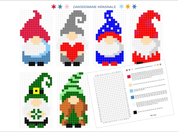 Kodowanki zimowe, świąteczne- ZESTAW 6 szt, Krasnale/skrzaty/gnomy, Święta, Boże Narodzenie, Mikołaj, zima, odkoduj zimę