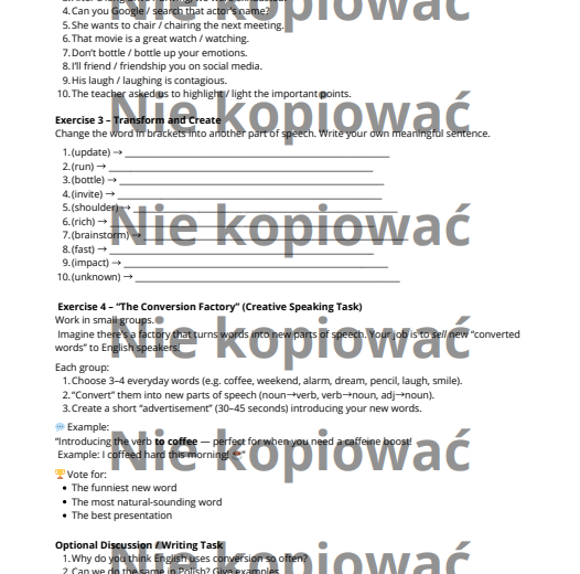 Karta Pracy When Words Change Their Jobs - Zero derivation B2