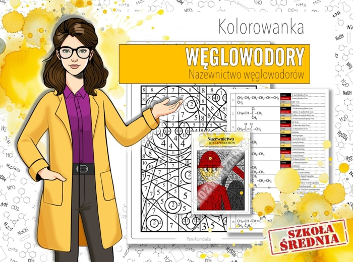 Chemia. Szkoła średnia. Węglowodory - Nazewnictwo węglowodorów. Kolorowanka naukowa. Karta pracy. Zadanie.