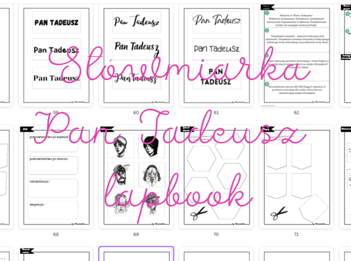 Zestaw "Pan Tadeusz" - lapbook, gra planszowa, autorskie rysunki postaci