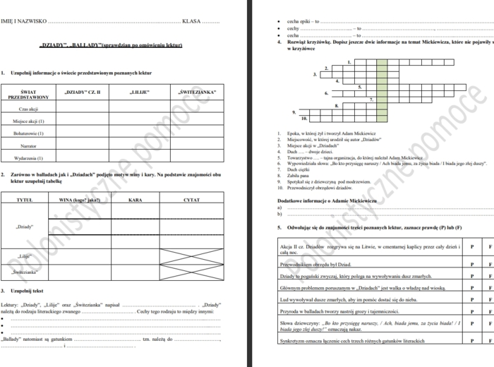 Sprawdzian po omówieniu lektury Dziady i ballady