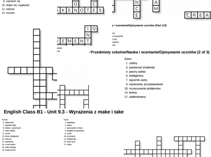 English Class B1 – Unit 9 – krzyżówki – Przedmioty szkolne_Nauka i ocenianie_Opisywanie uczniów/Wyrażenia z make i take/Czasowniki złożone