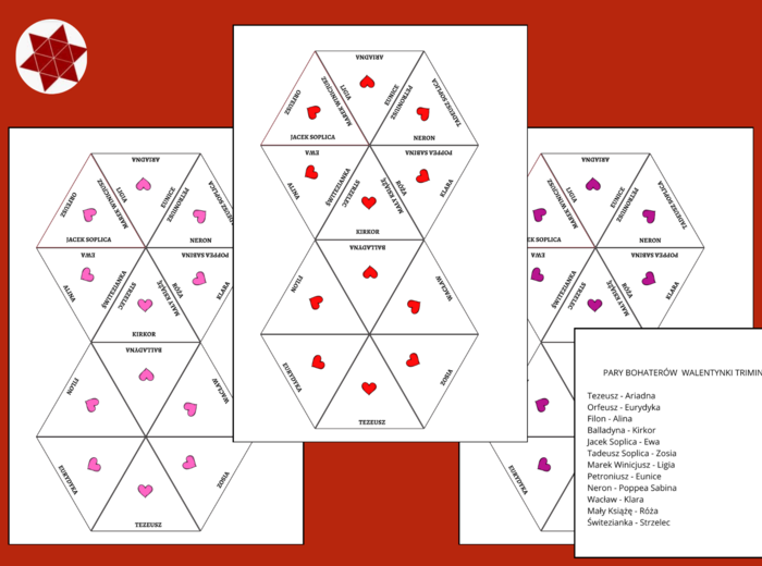 PARY BOHATERÓW - lektury - egzamin - powtórka- WALENTYNKI – kl. 4-8 – trimino - 12 elementów + odpowiedzi