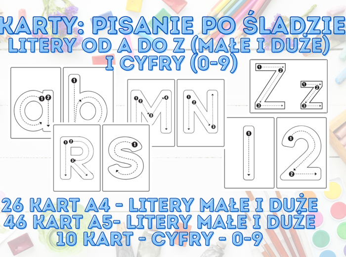 Karty: Pisanie po Śladzie Litery od A do Z (małe i duże) i cyfry (0-9)