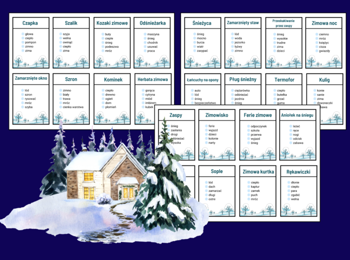 ❄️TABOO – zimowe hasła - zima⛷️🏂 - biblioteka - świetlica - zajęcia z wychowawcą - 64 szt.