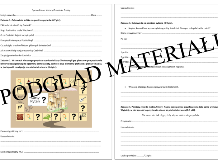 Sprawdzian z lektury Zemsta + odpowiedzi