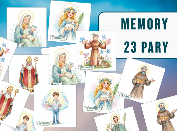 Memory „Święci” – edukacyjna gra pamięciowa dla dzieci i młodzieży, grywalizacja, niepowtarzalne grafiki