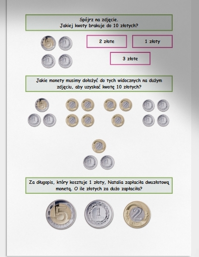Obliczenia pieniężne - odejmowanie w zakresie do 10. Karta pracy. Sprawdzian
