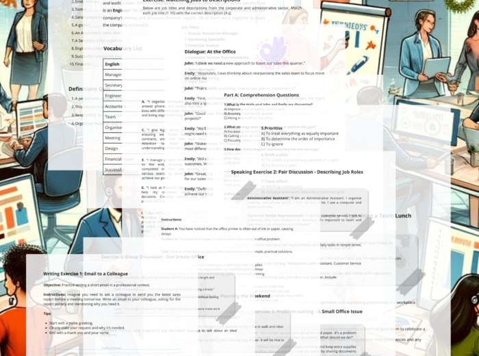 Business English. Jobs and Responsibilities in a Company A2+. Angielski dla dorosłych. Karty pracy.