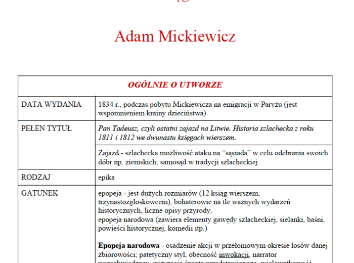 "Pan Tadeusz" - notatka.