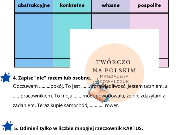 Kolorowy sprawdzian z rzeczownika