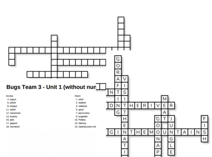 Bugs Team 3 – Unit 1 – krzyżówki – without numbers topic