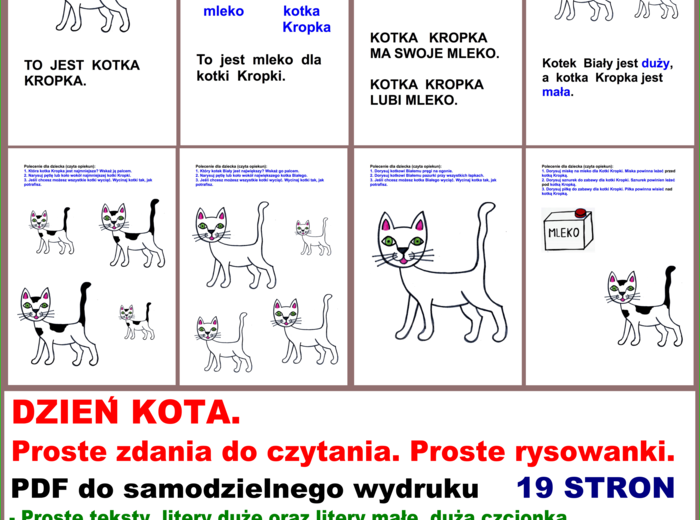 DZIEŃ KOTA. Proste zdania do czytania. Proste rysowanki. PDF do samodzielnego wydruku.