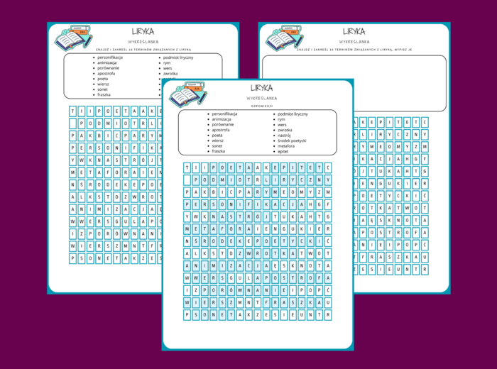 LIRYKA - rodzaje literackie - wykreślanka - karta pracy - powtórka - egzamin