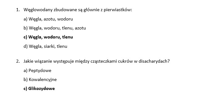 Test- Chemizm życia. Składniki organiczne- węglowodany