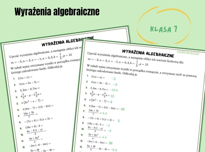 Wyrażenia algebraiczne, upraszczanie, obliczanie wartości liczbowej, klasa 7, karta pracy z hasłem