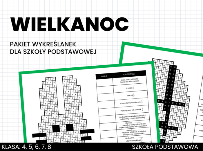 Wielkanoc. Pakiet wykreślanek dla szkoły podstawowej. Matematyka. Szkoła podstawowa.