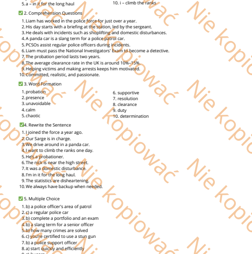 Karta pracy Work in the UK Police ze słowniczkiem i kluczem odpowiedzi