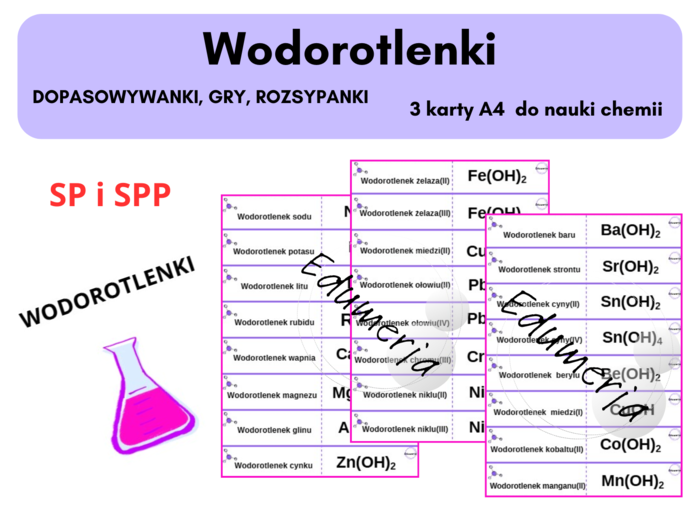 Chemiczna rozsypanka, dopasowywanka – WODOROTLENKI - 24 przykłady