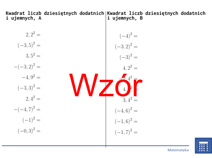 Kwadrat liczb dziesiętnych dodatnich i ujemnych | matematyka | 26 kolumn