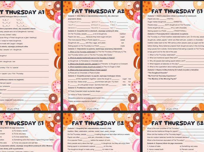 Fat Thursday (Tłusty Czwartek) Worksheet Karty Pracy zestaw poziomy A1 - B2